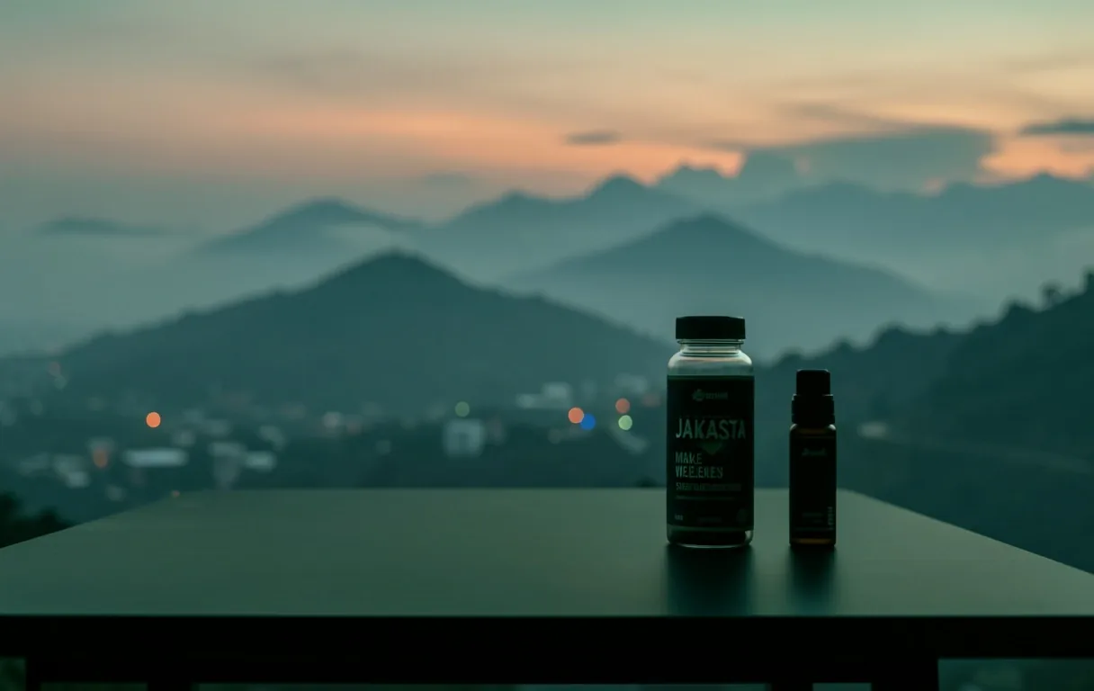 Jakarta skyline at dusk with botanical foreground
